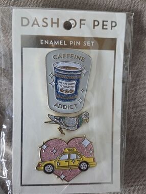 Dash of Pep Enamel Pin Set - Caffeine Addict, Pigeon & Yellow Taxi